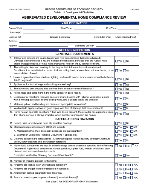 Form LCR-1079B FORFF Abbreviated Developmental Home Compliance Review - Arizona