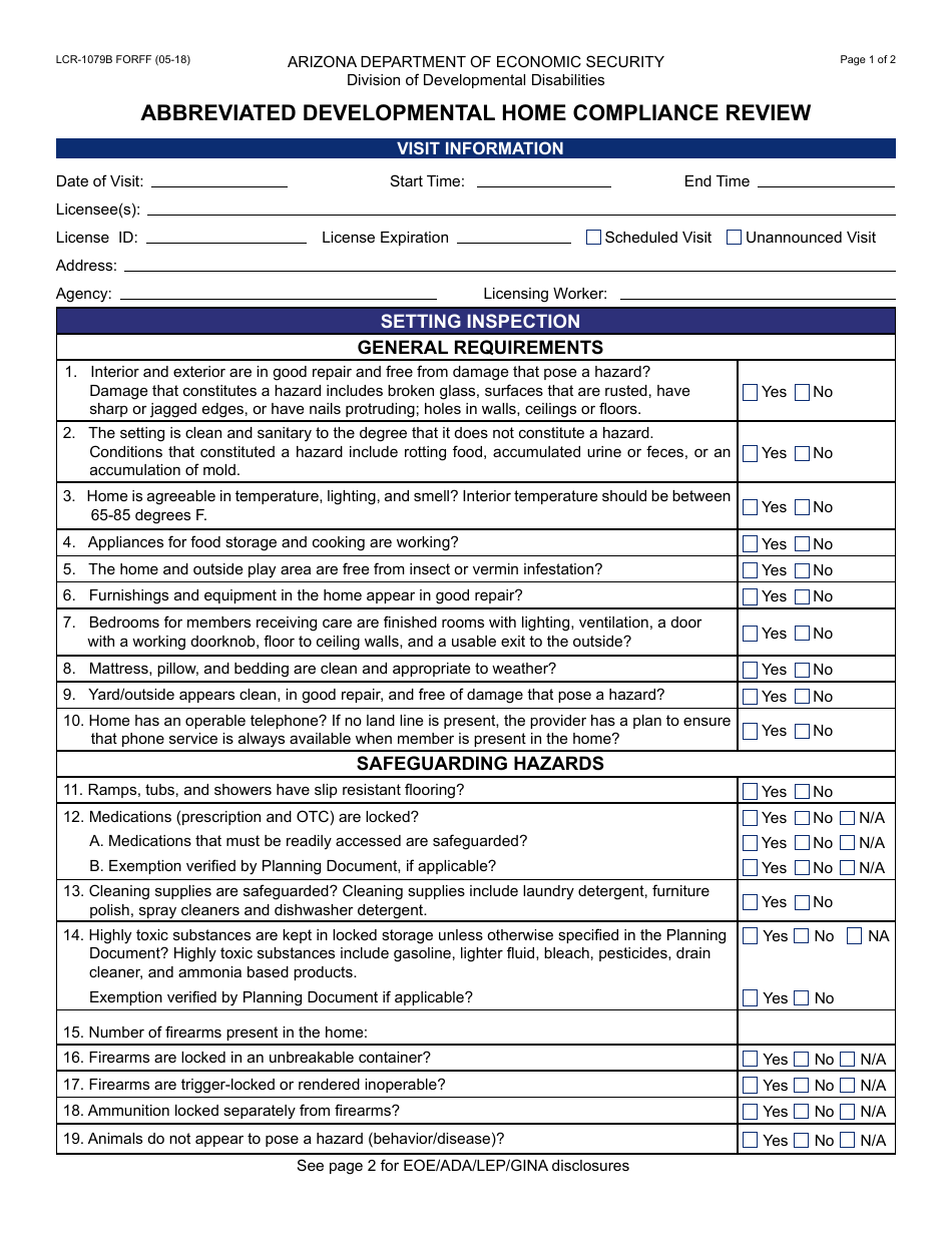 Form LCR-1079B FORFF Abbreviated Developmental Home Compliance Review - Arizona, Page 1
