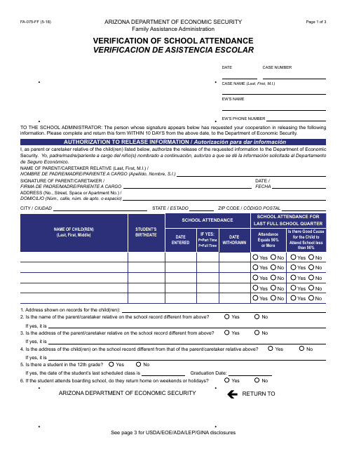 Form FA-075-FF Verification of School Attendance - Arizona (English/Spanish)