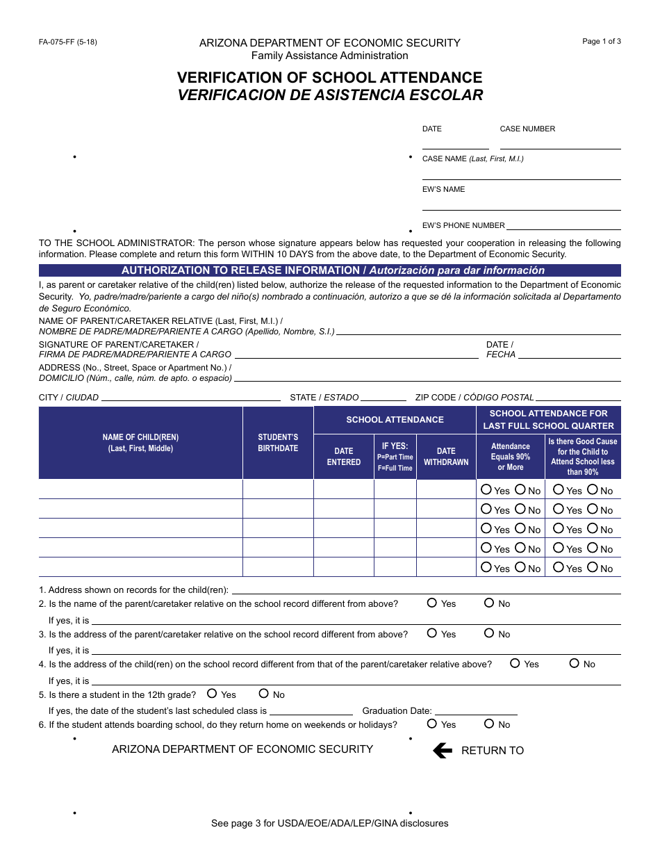 Form FA-075-FF Verification of School Attendance - Arizona (English / Spanish), Page 1
