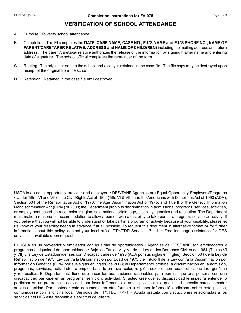 Form FA-075-FF Verification of School Attendance - Arizona (English / Spanish), Page 3