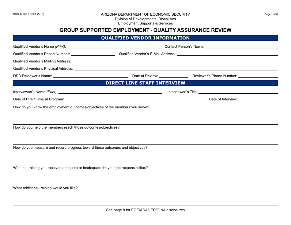 Form DDD-1402C FORFF Quality Assurance Review - Group Supported Employment - Arizona, Page 1