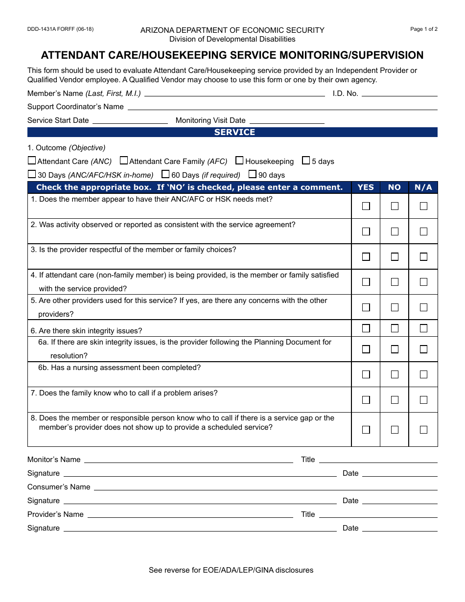 Form DDD-1431A FORFF Attendant Care / Housekeeping Service Monitoring / Supervision - Arizona, Page 1