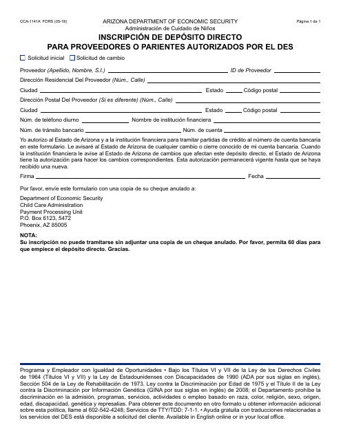 Formulario CCA-1141A FORS Inscripcion De Deposito Directo Para Proveedores O Parientes Autorizados Por El Des - Arizona (Spanish)