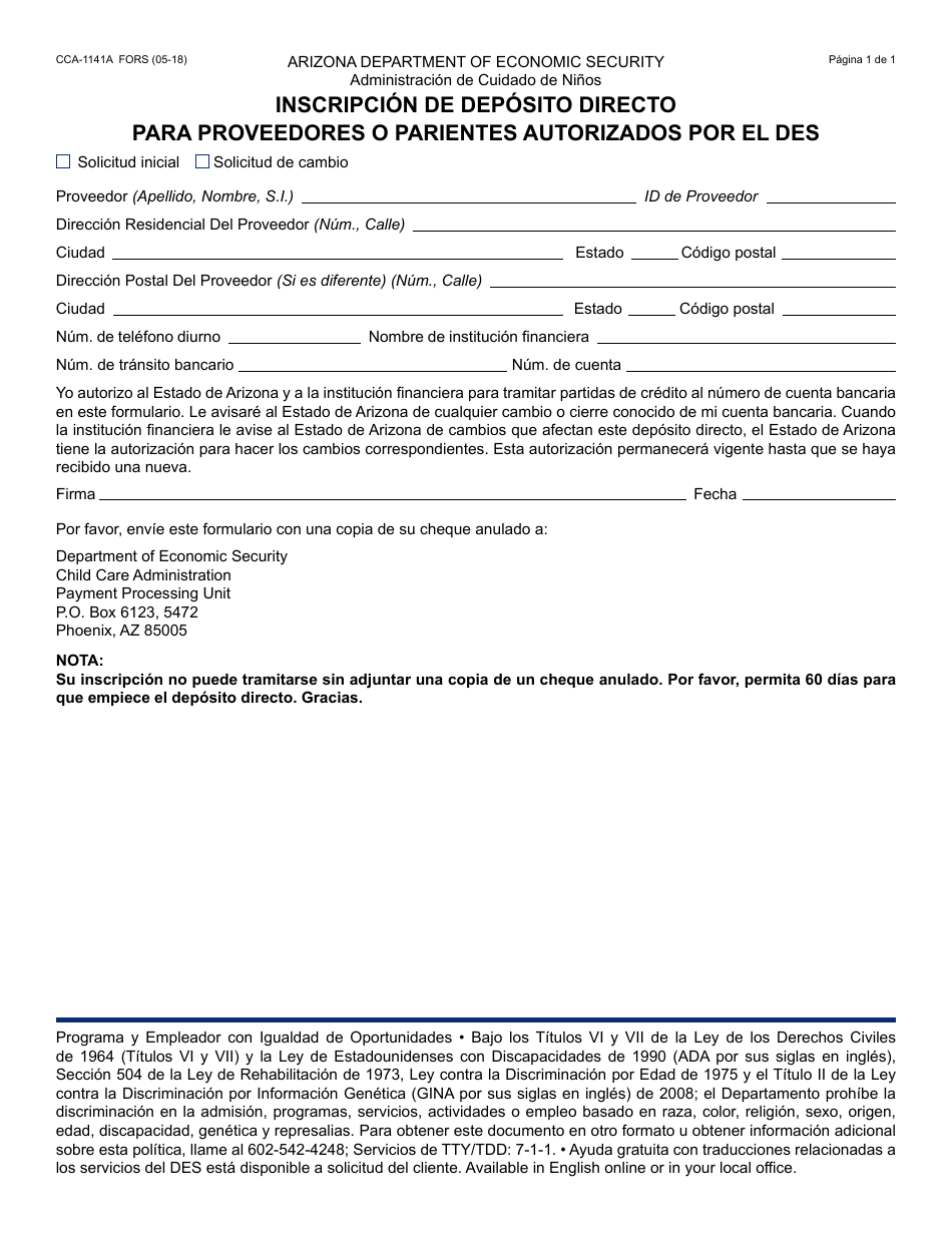 Formulario CCA-1141A FORS Inscripcion De Deposito Directo Para Proveedores O Parientes Autorizados Por El Des - Arizona (Spanish), Page 1