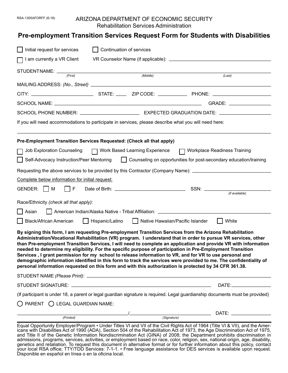 Form RSA-1305AFORFF Pre-employment Transition Services Request Form for Students With Disabilities - Arizona, Page 1