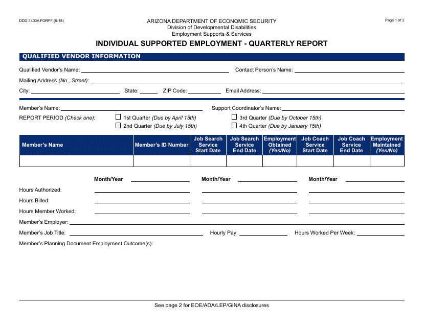 Form DDD-1403A FORF Quarterly Report - Individual Supported Employment - Arizona