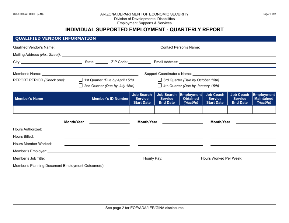 Form DDD-1403A FORF Quarterly Report - Individual Supported Employment - Arizona, Page 1