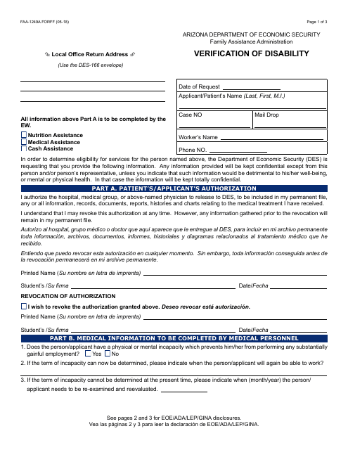 Form FAA-1249A FORFF Verification of Disability - Arizona