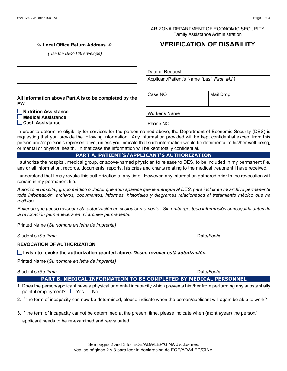 Form FAA-1249A FORFF Verification of Disability - Arizona, Page 1