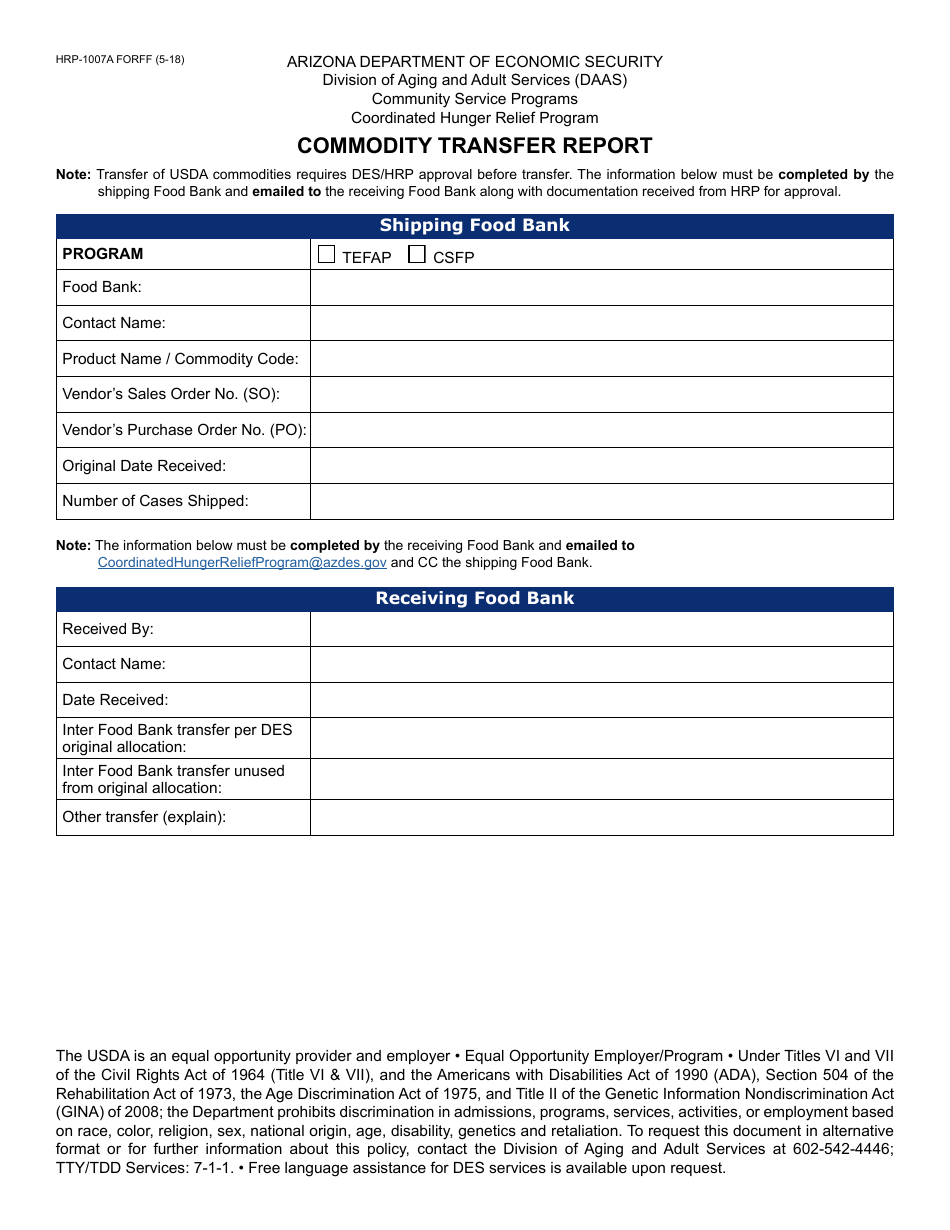 Form HRP-1007A FORFF Commodity Transfer Report - Arizona, Page 1