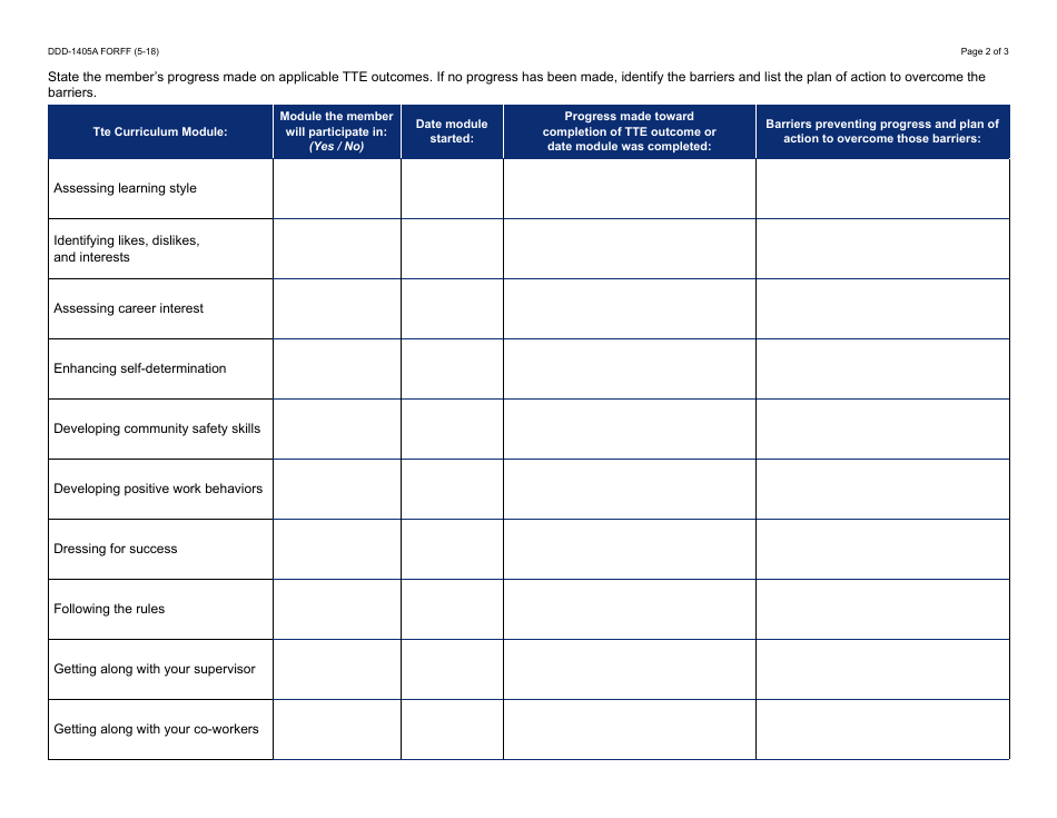 Form DDD-1405A FORFF Transition to Employment - Quarterly Report - Arizona, Page 2