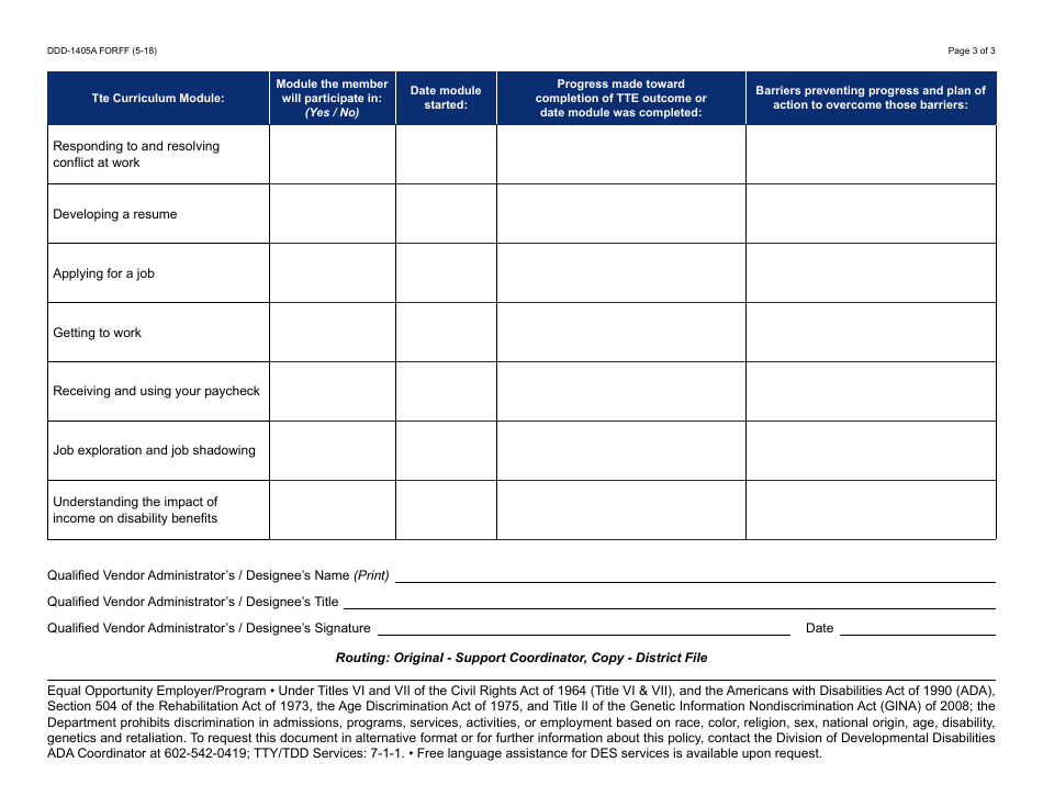 Form DDD-1405A FORFF Transition to Employment - Quarterly Report - Arizona, Page 3
