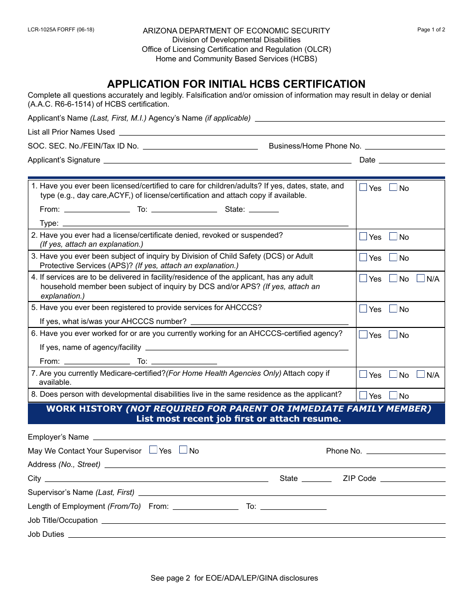 Form LCR-1025A FORFF Application for Initial Hcbs Certification - Arizona, Page 1