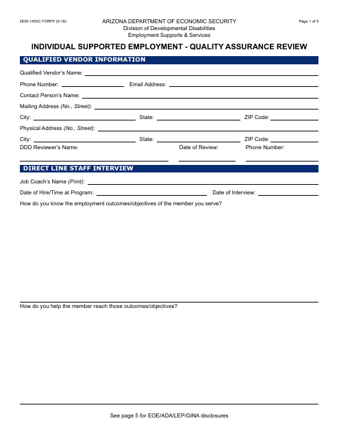 Form DDD-1403C FORFF Quality Assurance Review - Individual Supported Employment - Arizona