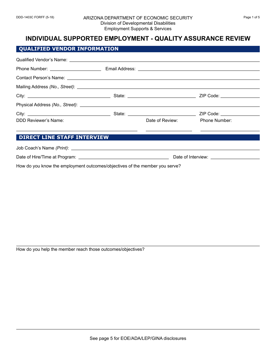 Form DDD-1403C FORFF Quality Assurance Review - Individual Supported Employment - Arizona, Page 1