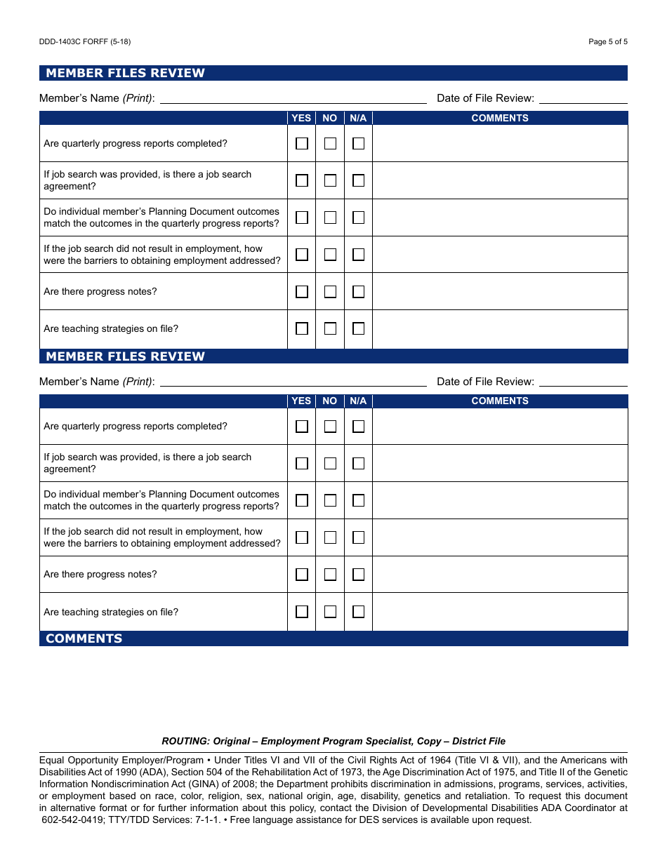 Form DDD-1403C FORFF Quality Assurance Review - Individual Supported Employment - Arizona, Page 5