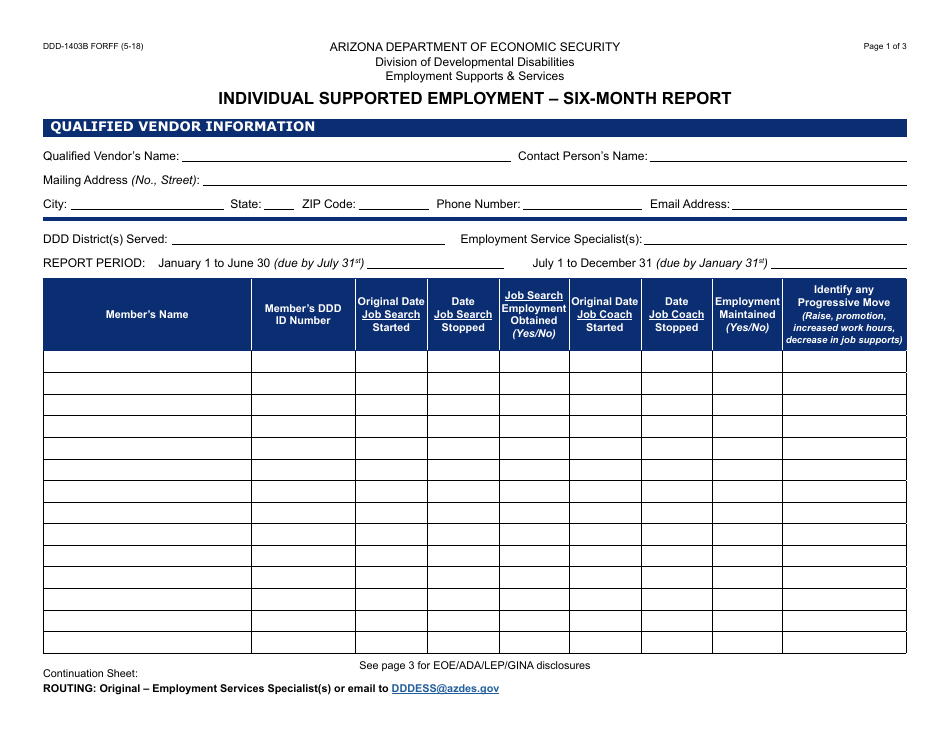 Form DDD-1403B FORFF Six-Month Report - Individual Supported Employment - Arizona, Page 1