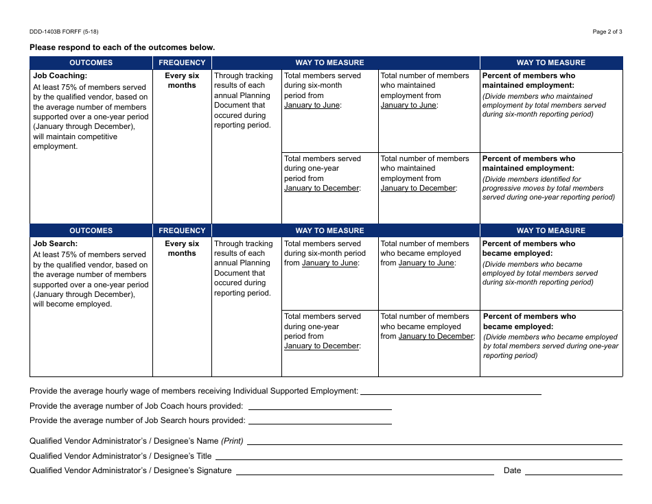 Form DDD-1403B FORFF Six-Month Report - Individual Supported Employment - Arizona, Page 2