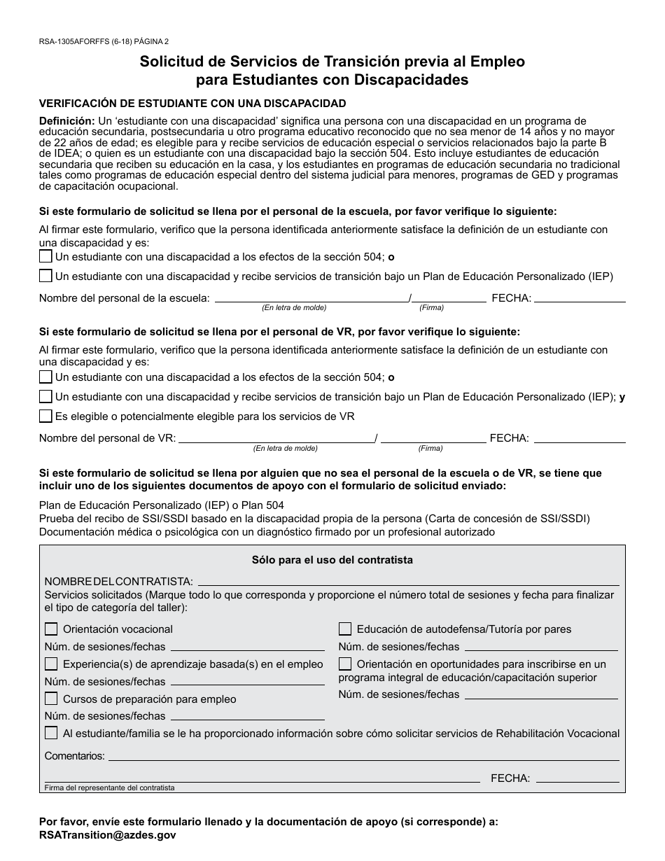 Formulario RSA-1305AFORFFS Solicitud De Servicios De Transicion Previa Al Empleo Para Estudiantes Con Discapacidades - Arizona (Spanish), Page 2