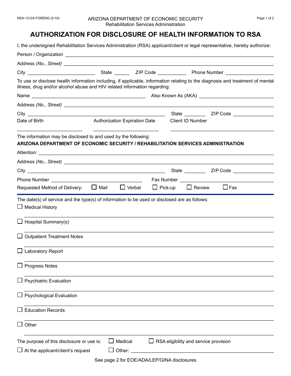 Form RSA-1312A FORENG Authorization for Disclosure of Health Information to Rsa - Arizona, Page 1