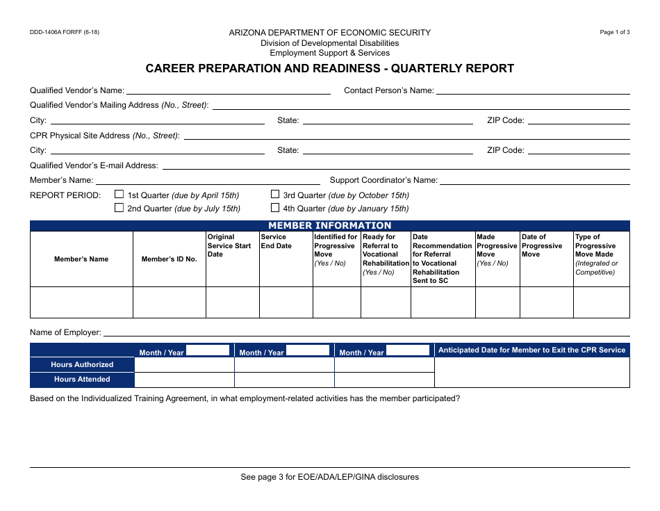 Form DDD-1405A FORFF Quarterly Report - Career Preparation and Readiness - Arizona, Page 1