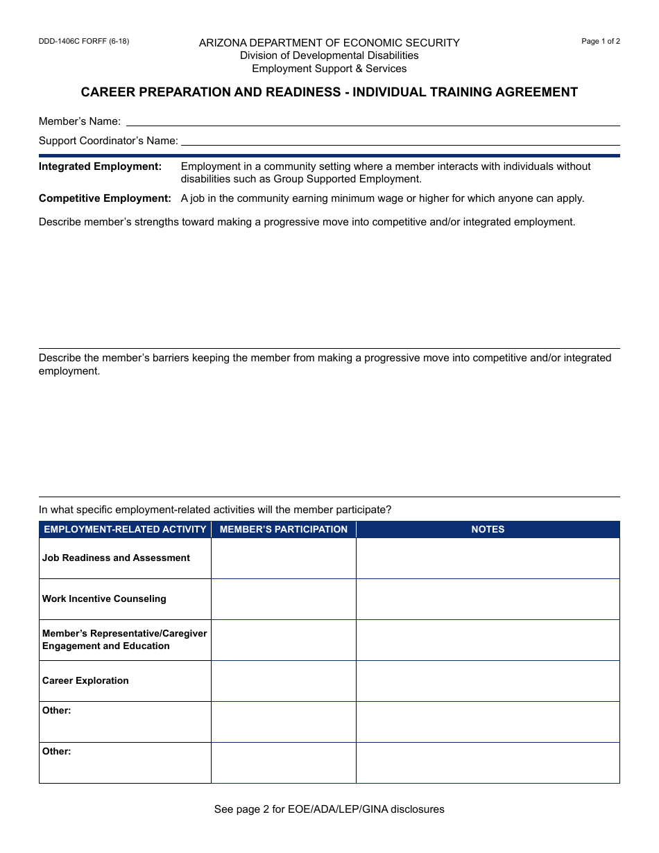 Form DDD-1406C FORFF Individual Training Agreement - Career Preparation and Readiness - Arizona, Page 1