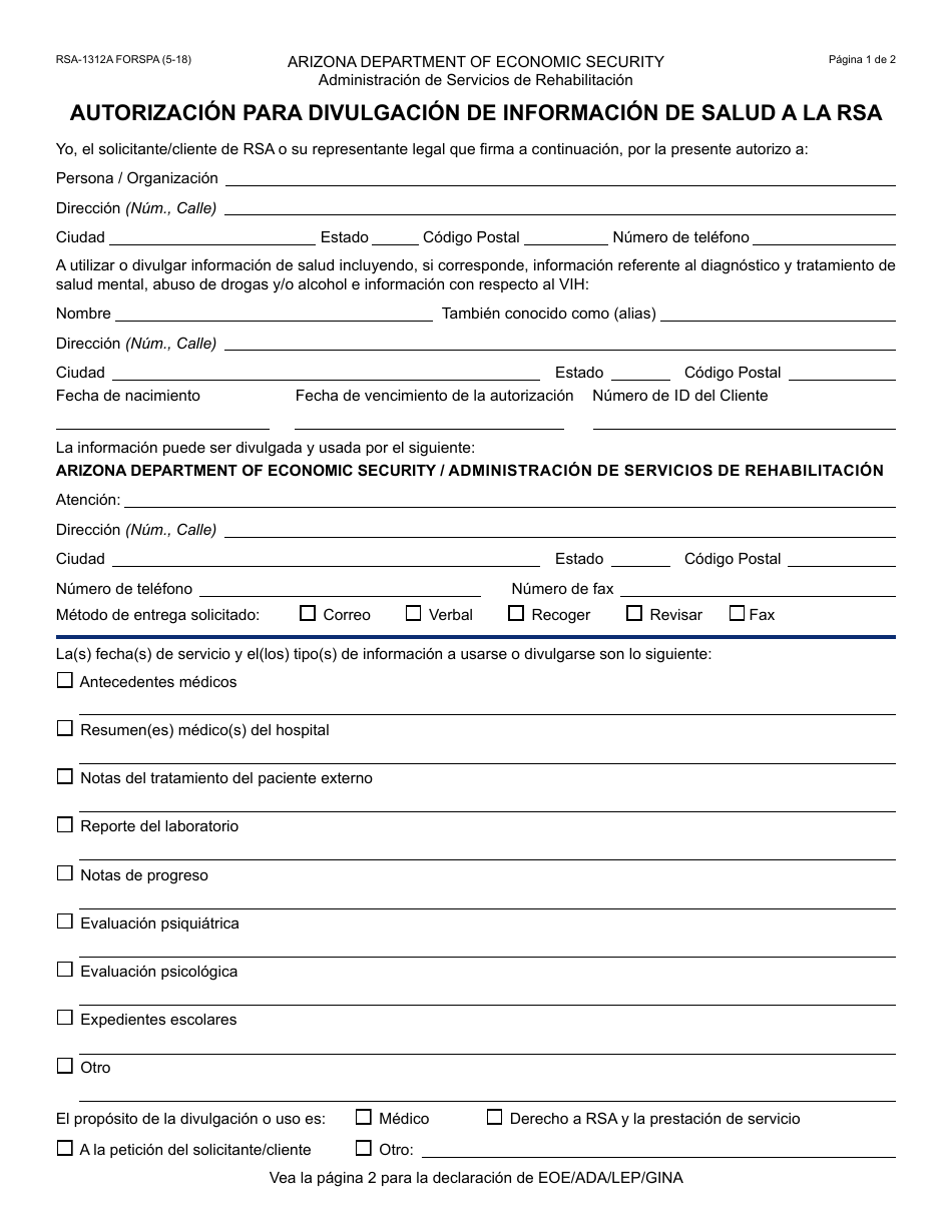 Formulario RSA-1312A FORSPA Autorizacion Para Divulgacion De Informacion De Salud a La Rsa - Arizona (Spanish), Page 1