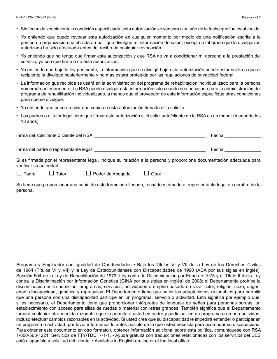 Formulario RSA-1312A FORSPA Autorizacion Para Divulgacion De Informacion De Salud a La Rsa - Arizona (Spanish), Page 2