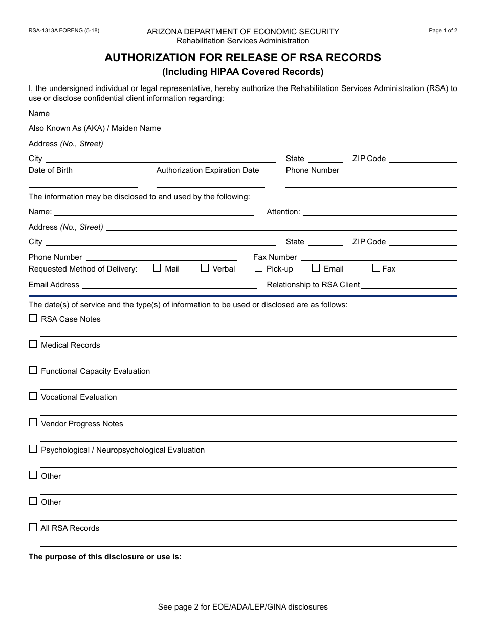 Form RSA-1313A FORENG Authorization for Release of Rsa Records (Including HIPAA Covered Records) - Arizona, Page 1