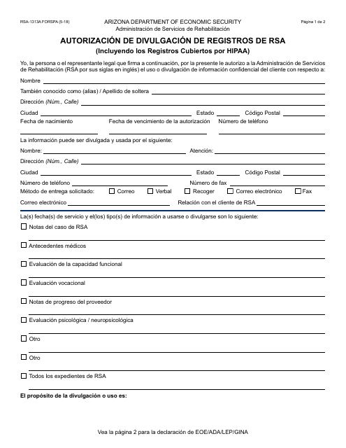 Formulario RSA-1313A FORSPA Autorizacion De Divulgacion De Registros De Rsa (Incluyendo Los Registros Cubiertos Por HIPAA) - Arizona (Spanish)