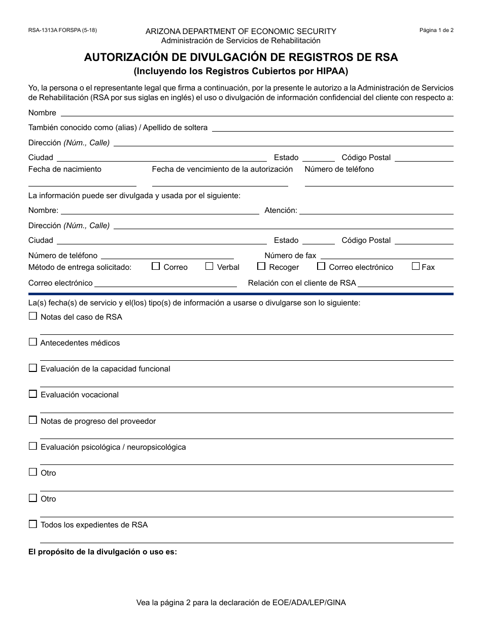 Formulario RSA-1313A FORSPA Autorizacion De Divulgacion De Registros De Rsa (Incluyendo Los Registros Cubiertos Por HIPAA) - Arizona (Spanish), Page 1