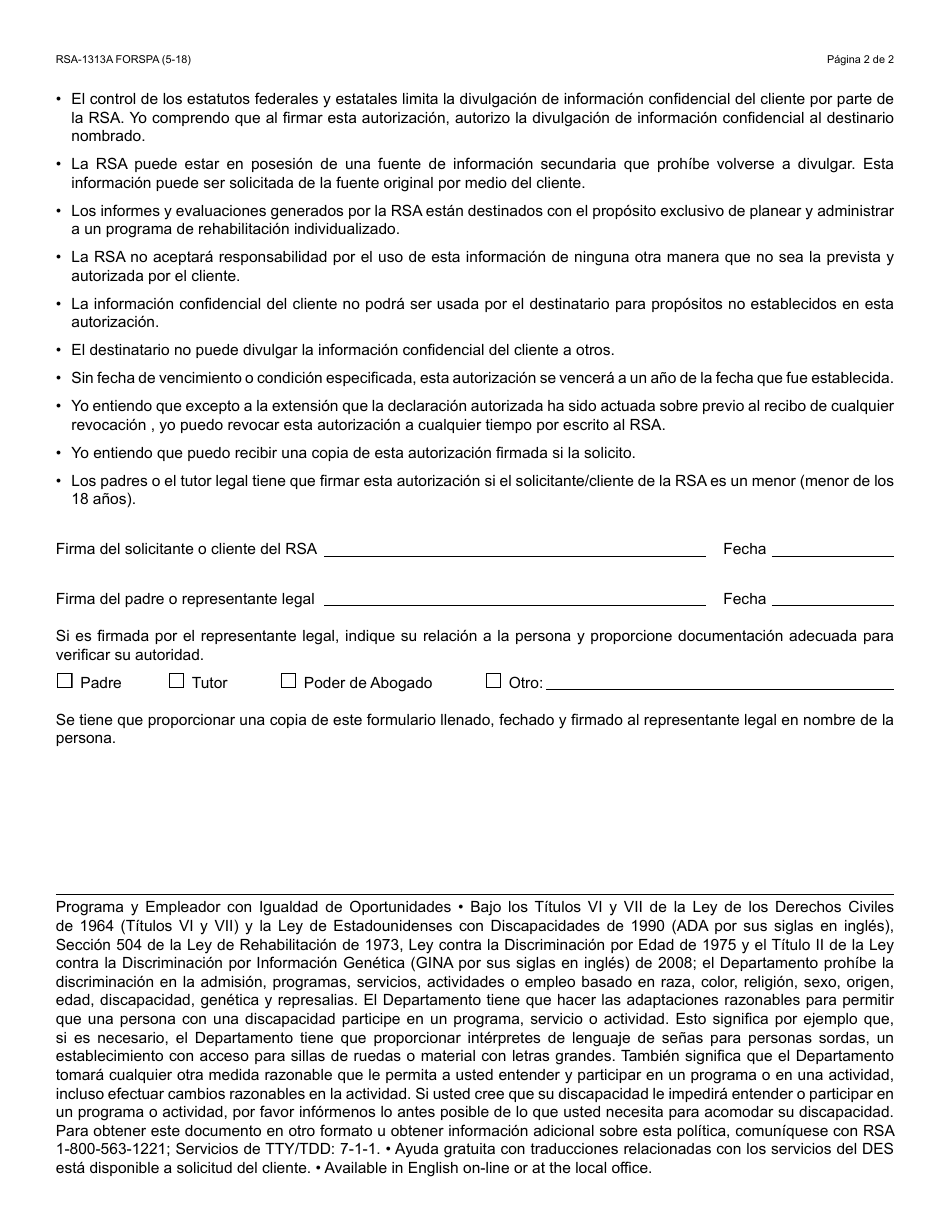 Formulario RSA-1313A FORSPA Autorizacion De Divulgacion De Registros De Rsa (Incluyendo Los Registros Cubiertos Por HIPAA) - Arizona (Spanish), Page 2