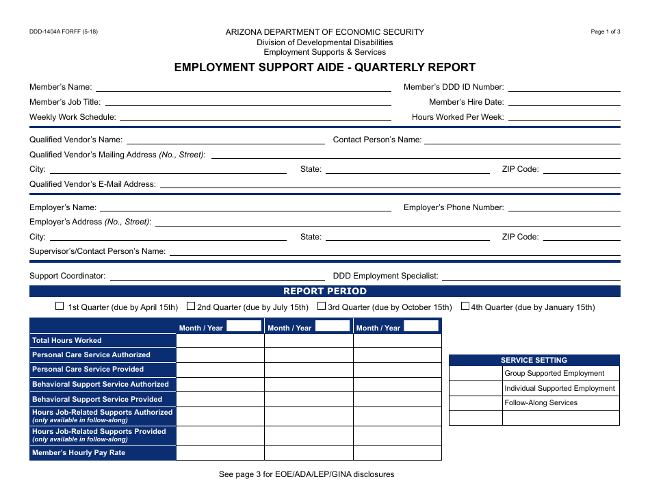 Form DDD-1404A FORFF Quarterly Report - Employment Support Aide - Arizona, Page 1