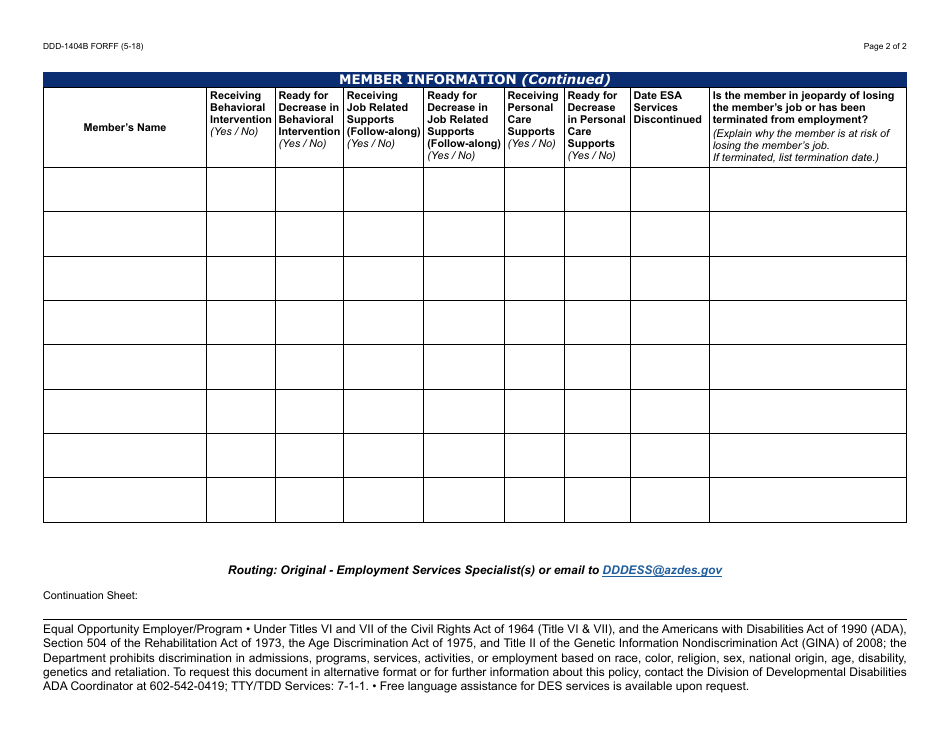 Form DDD-1404B FORFF Six-Month Report - Employment Support Aide - Arizona, Page 2