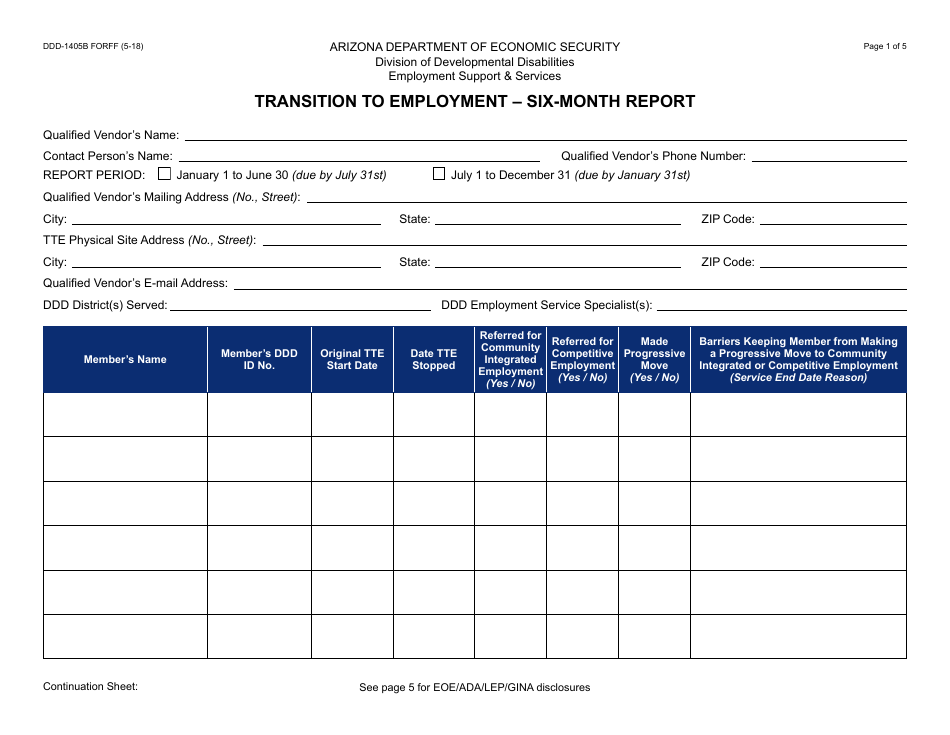 Form DDD-1405B FORFF Six-Month Report - Transition to Employment - Arizona, Page 1