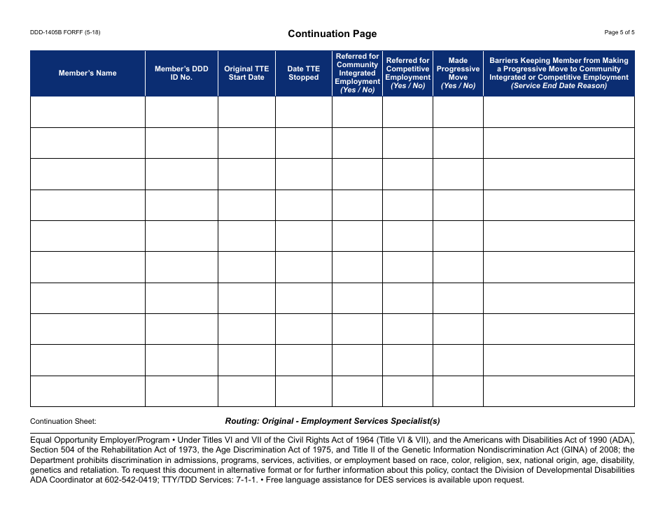 Form DDD-1405B FORFF Six-Month Report - Transition to Employment - Arizona, Page 5