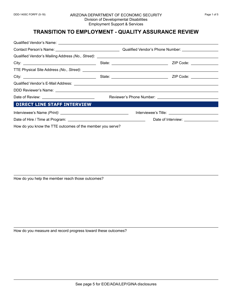 Form DDD-1405C FORFF Quality Assurance Review - Transition to Employment - Arizona, Page 1