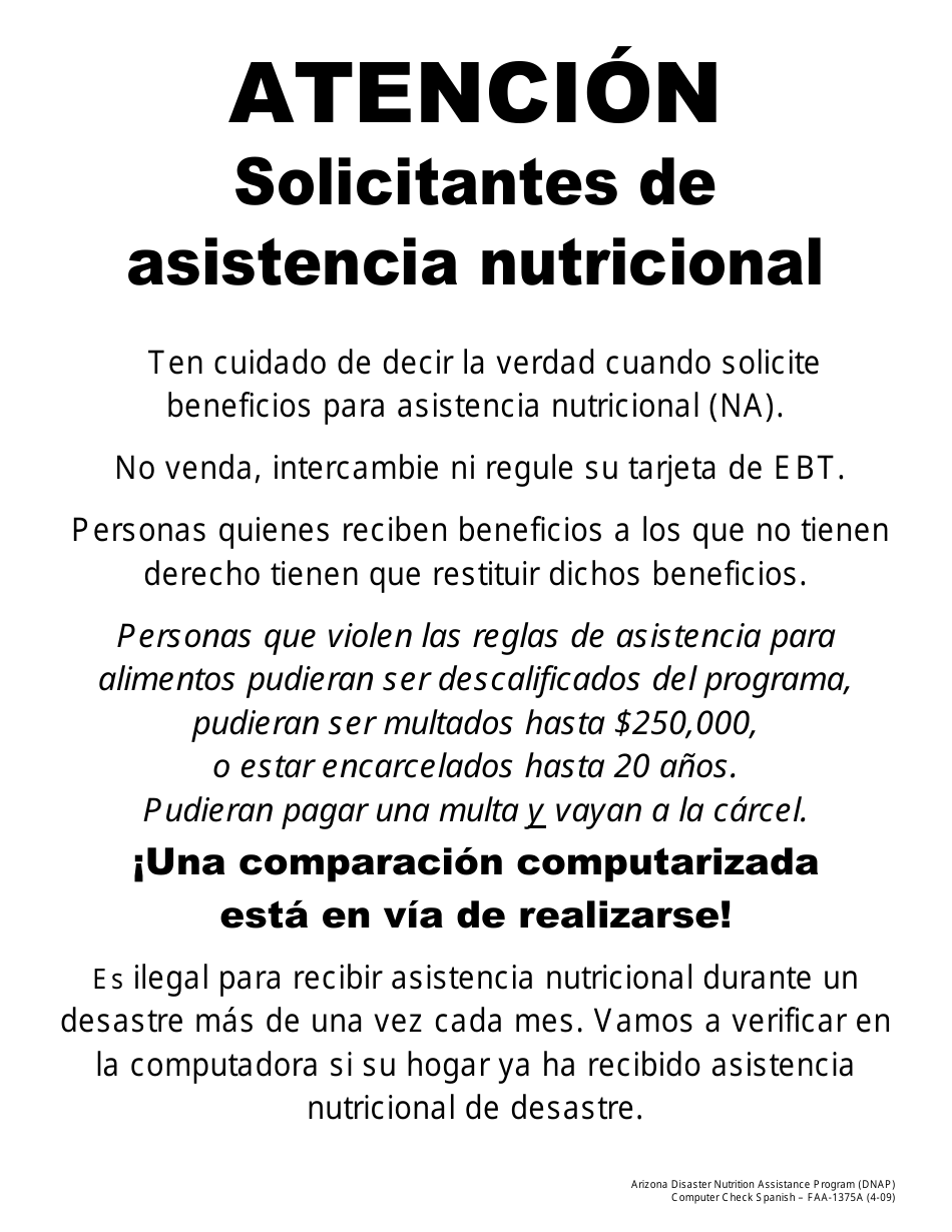 Form FAA-1360A FORNA Appendix 6 Arizona Disaster Nutrition Assistance Program (Dnap) Forms and Desk Aids - Arizona, Page 37