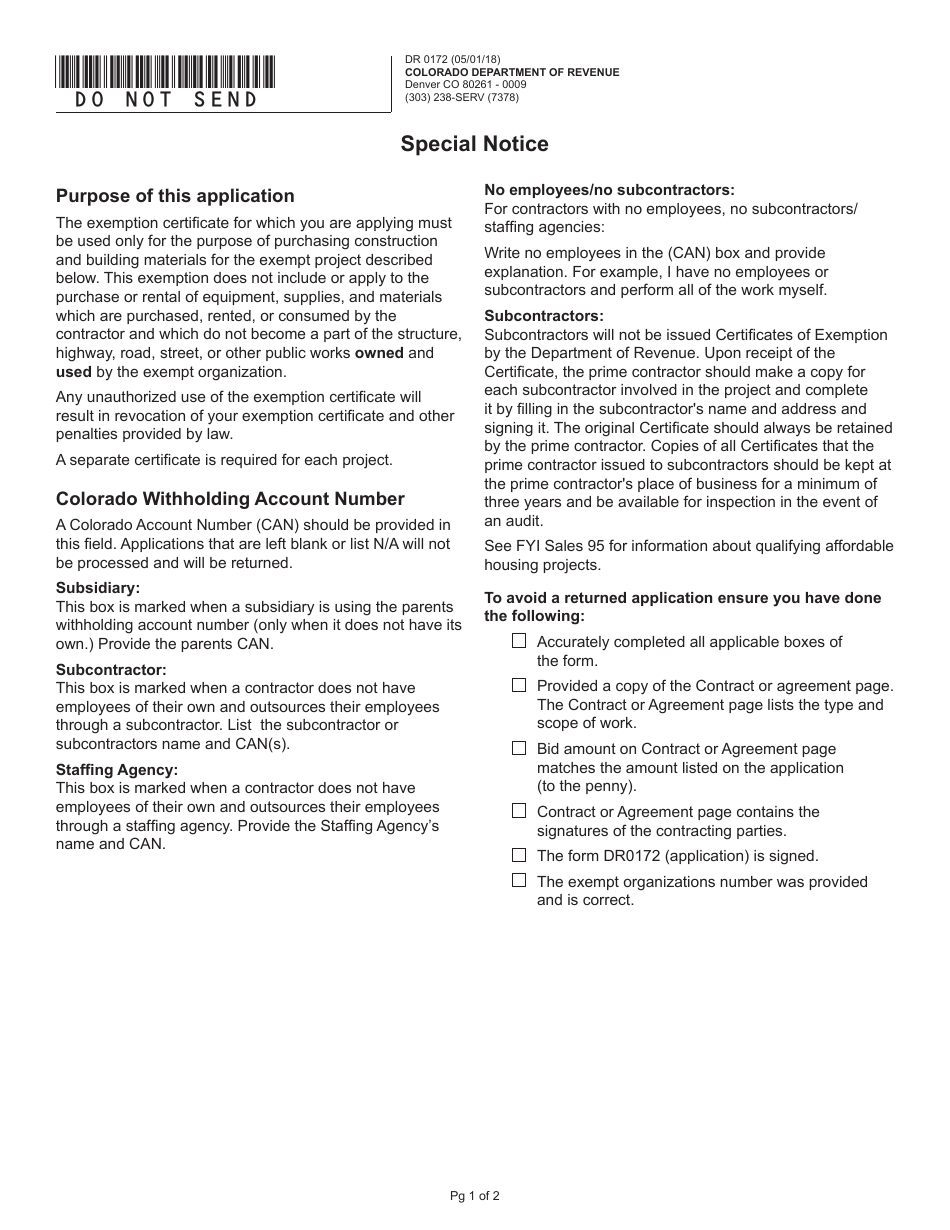 Form DR0172 Contractor Application for Exemption Certificate - Colorado, Page 1