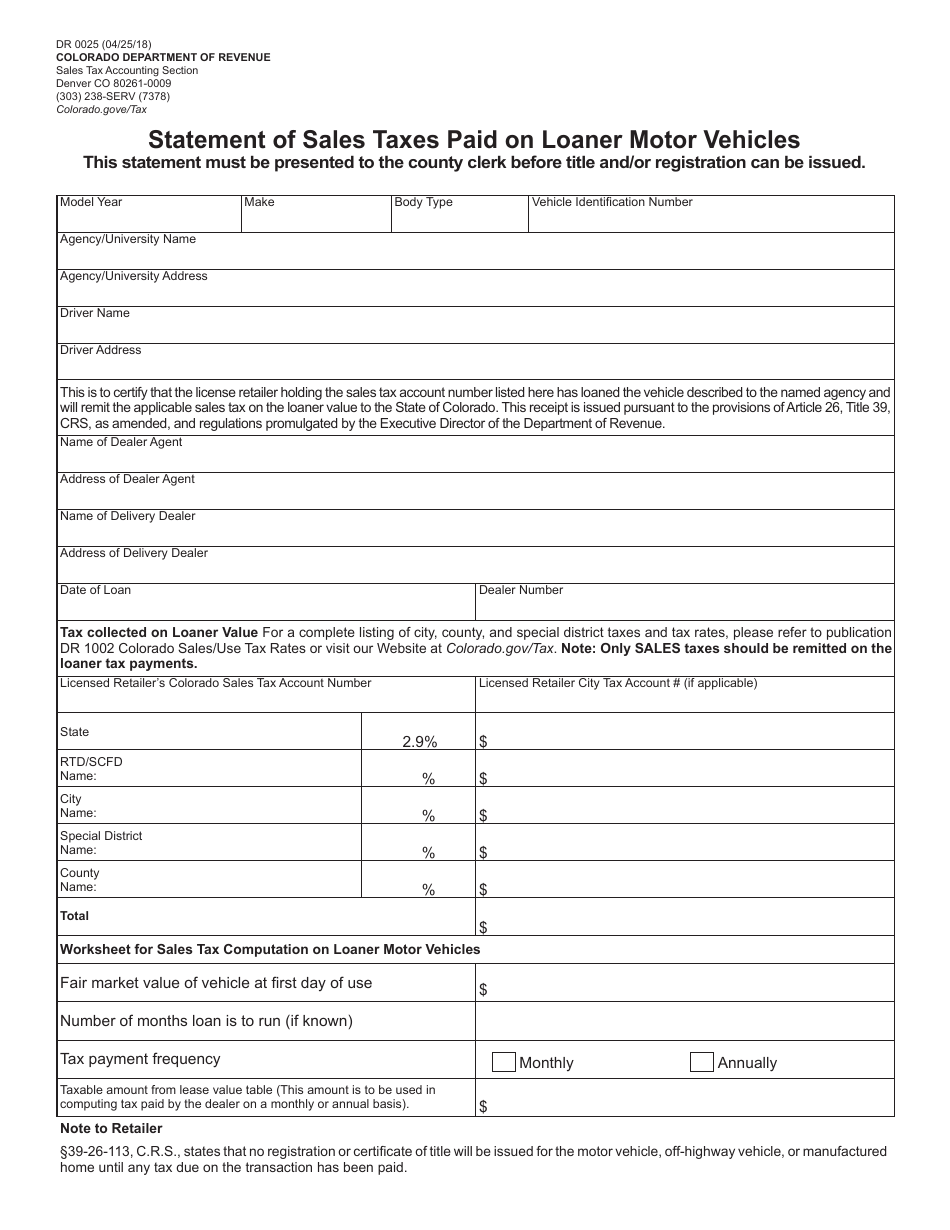 Form DR0025 Statement of Sales Taxes Paid on Loaner Motor Vehicles - Colorado, Page 1