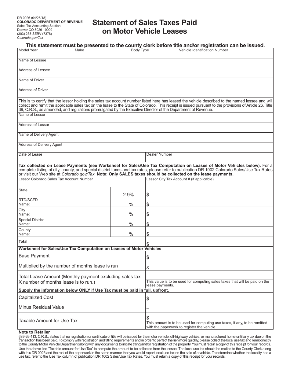 Form DR0026 Statement of Sales Taxes Paid on Motor Vehicle Leases - Colorado, Page 1