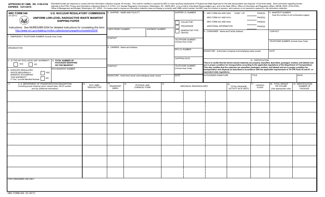 NRC Form 540  Printable Pdf