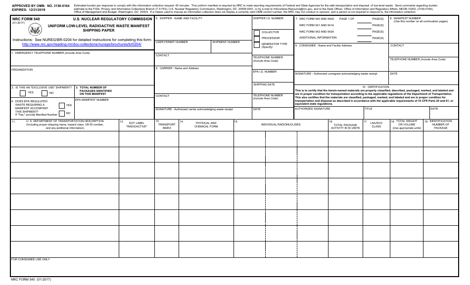 NRC Form 540 Uniform Low-Level Radioactive Waste Manifest - Shipping Paper, Page 1