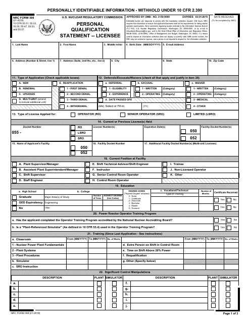 NRC Form 398  Printable Pdf