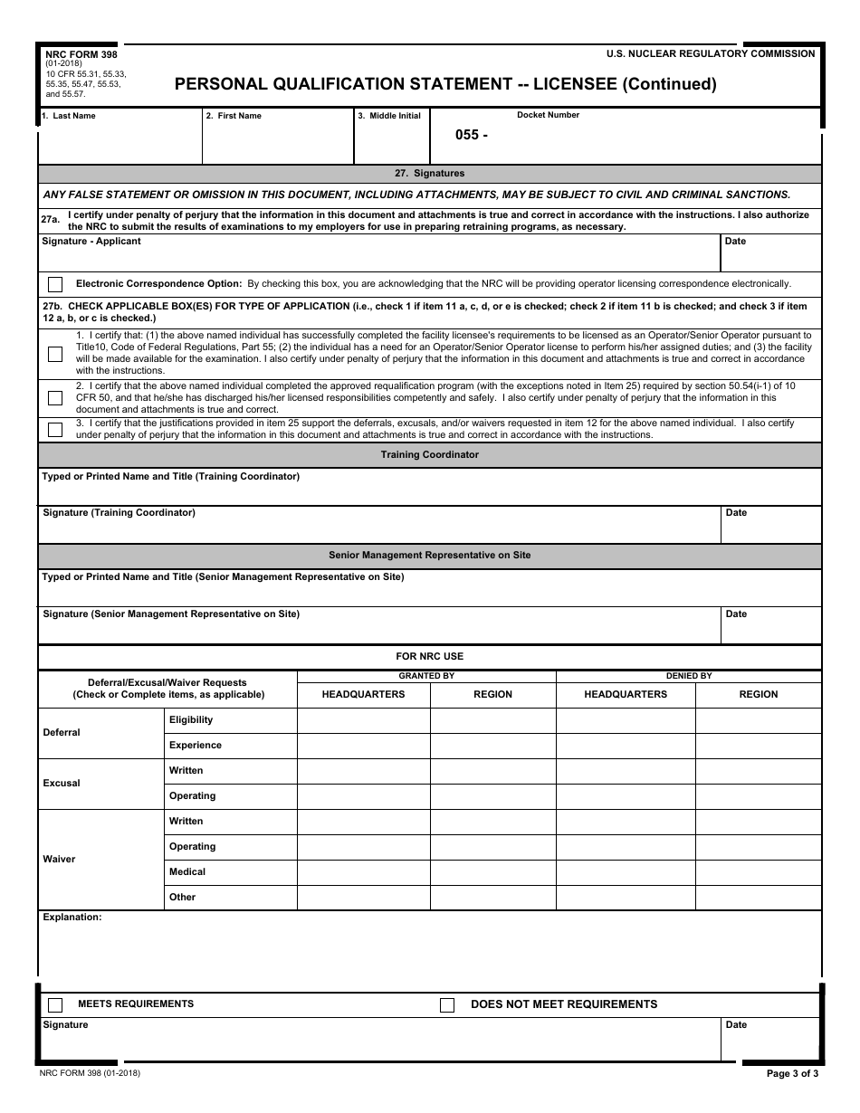 NRC Form 398 Personal Qualification Statement - Licensee, Page 3