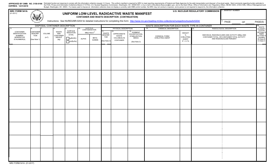 NRC Form 541A Uniform Low-Level Radioactive Waste Manifest - Container and Waste Description (Continuation), Page 1