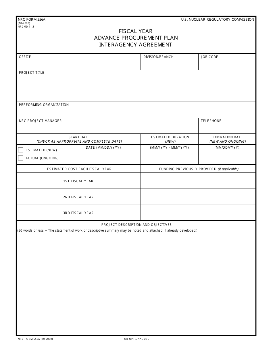NRC Form 556A Fiscal Year Advance Procurement Plan Interagency Agreement, Page 1