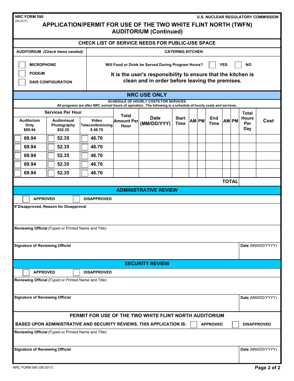 NRC Form 590 Application / Permit for Use of the Two White Flint North (Twfn) Auditorium, Page 2