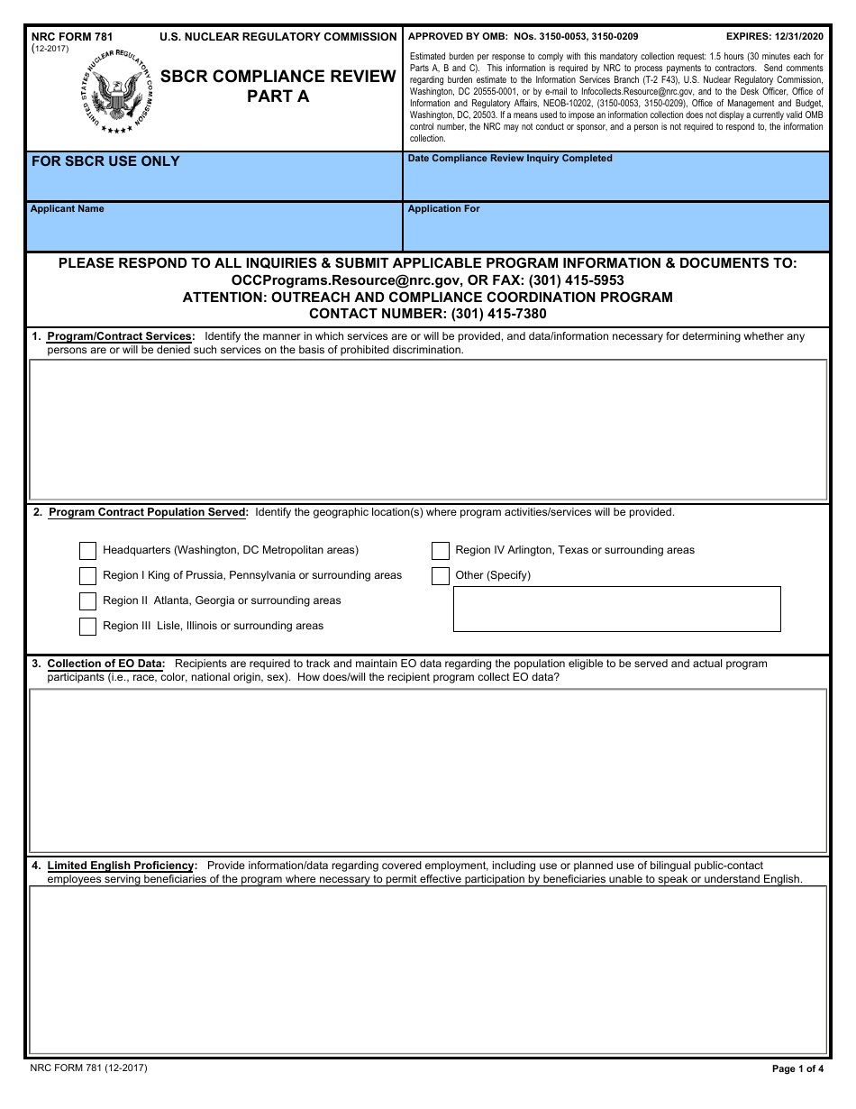 NRC Form 781 Sbcr Compliance Review - Part a, Page 1